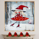 Christmas Witch Ice Skating Print – Whimsical Red Dress & Striped Tights Holiday Art, Cute Winter Witch Decor, Magical Snowy Season Wall Art for Girls' Room or Nursery on Ready to Hang 1.5" Thick Canvas Wrap, Floating Framed Canvas, Flat Rolled Canvas